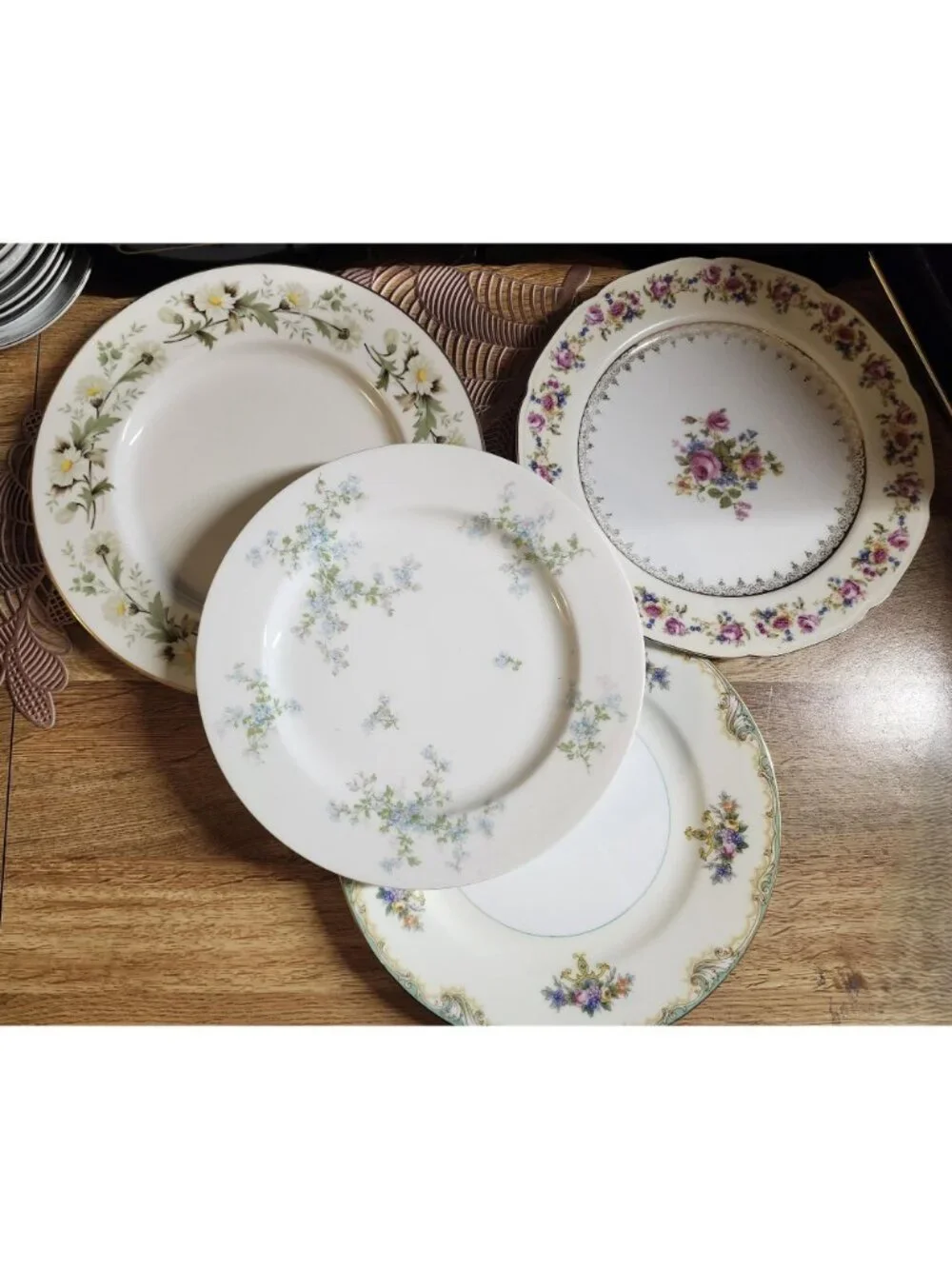 Mismatched Bright and Colorful China Dinner Plates Floral Set of 4 Porcelain